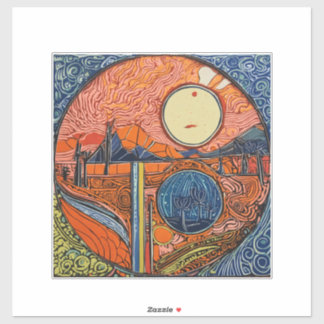 Linocut-Sonne und Mond zeichnend abstrakte Kunst Aufkleber