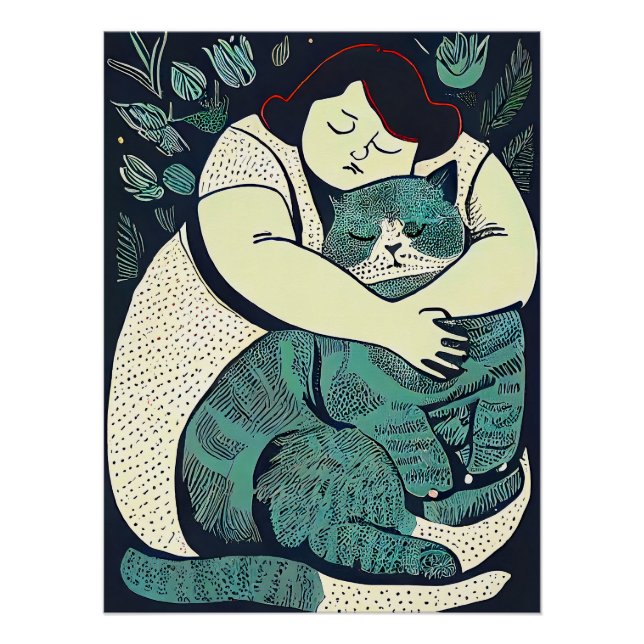 Linocut Voluptuous Frauen halten eine große Katze Poster (Vorderseite)