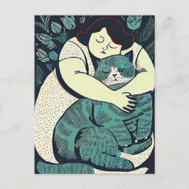 Linocut Voluptuous Frauen halten eine große Katze Postkarte