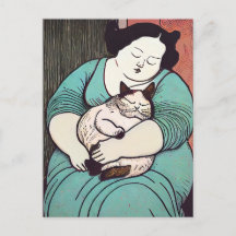 Linocut Voluptuous Frauen halten eine Katze