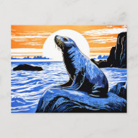 Linocut von Seelöwen auf Felsen bei Sonnenuntergan