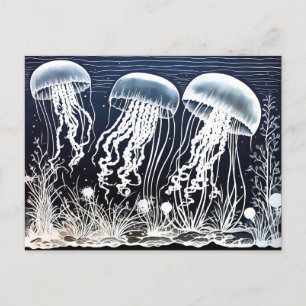 Linocut von White Jellyfish Schwimmen am Korallenr Postkarte