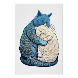 Linocut Weiß und Schwarze Katzen zusammen schlafen Poster