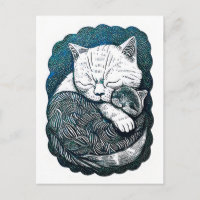 Linocut Weiß und Schwarze Katzen zusammen schlafen