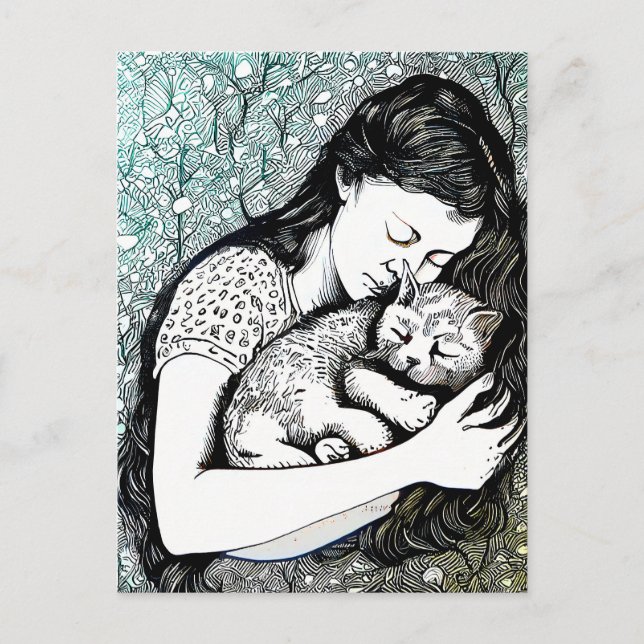 Linocut Young Woman Holding a Cat Postkarte (Vorderseite)