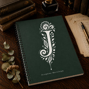 Linolschnitt-Buchstabe J Botanisches Monogramm Not Notizblock