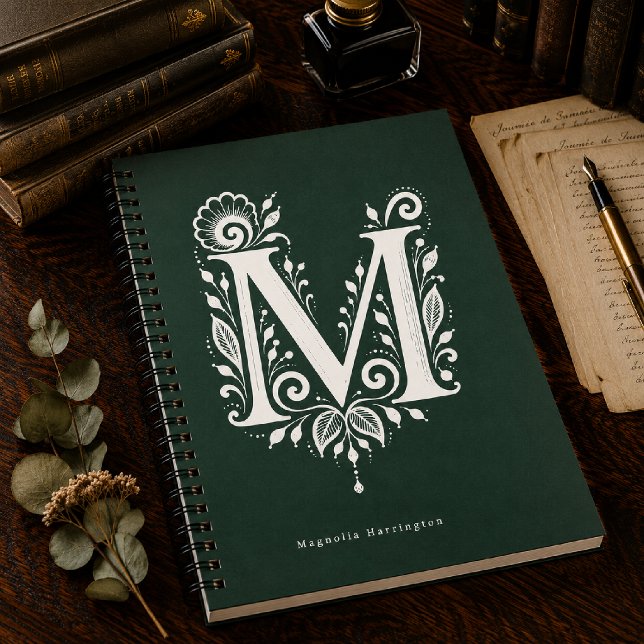 Linolschnitt-Buchstabe M Botanisches Monogramm Not Notizblock (Von Creator hochgeladen)