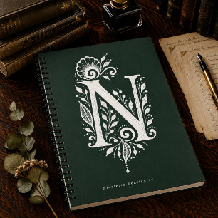 Linolschnitt-Buchstabe-N-Botanik-Monogramm-Notizbu Notizblock