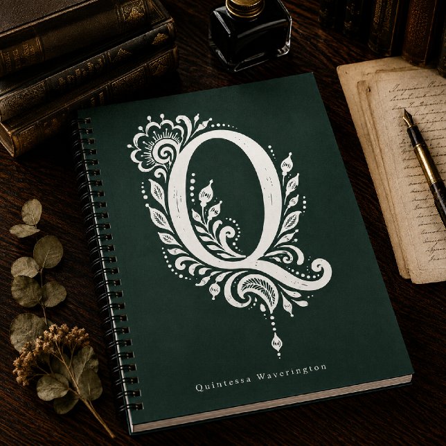 Linolschnitt-Buchstabe Q Botanisches Monogramm Not Notizblock (Von Creator hochgeladen)