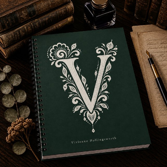 Linolschnitt-Buchstabe V Botanisches Monogramm Not Notizblock (Von Creator hochgeladen)