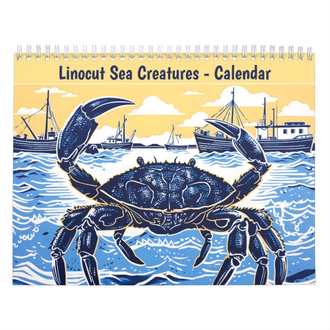 Linolschnitt-Kalender Meereskreaturen Kalender (Titelbild)