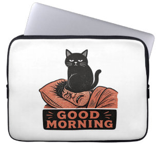 Linolschnitt Sarkastische schwarze Katze Good Morn Laptopschutzhülle