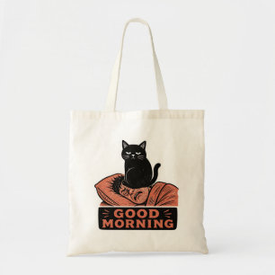 Linolschnitt Sarkastische schwarze Katze Good Morn Tragetasche