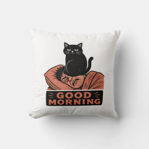 Linolschnitt Sarkastische schwarze Katze Guten Mor Kissen