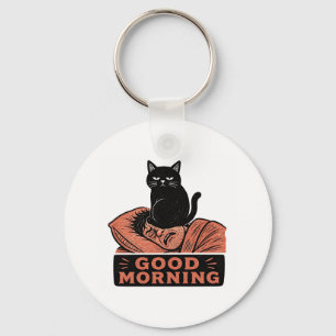 Linolschnitt Sarkastische schwarze Katze Guten Mor Schlüsselanhänger