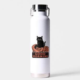 Linolschnitt Sarkastische schwarze Katze Guten Mor Trinkflasche