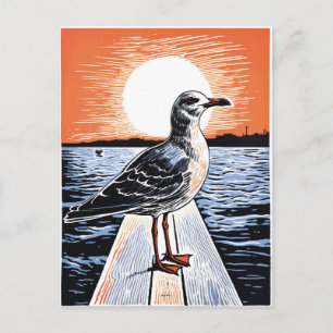 Linolschnitt von Seemöwe auf Pier bei Sonnenunterg Postkarte