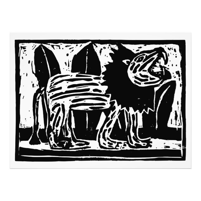 Linoschnitt aus schwarzem und weißem Roaring Lion Fotodruck (Vorne)