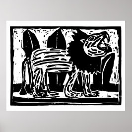 Linoschnitt aus schwarzem und weißem Roaring Lion Poster