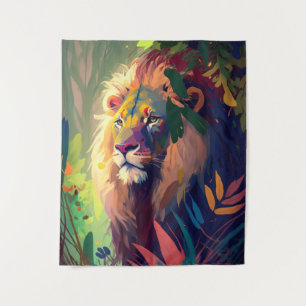 Lion Animal Portrait Painting Wildlife Outdoor Wandteppich