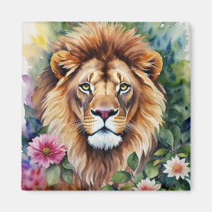 Lion Art Floral Watercolor Magnet
