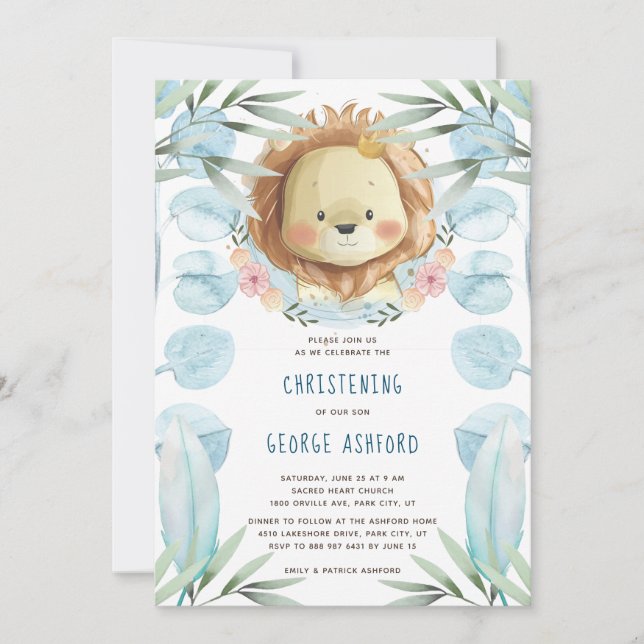 Lion Baby Boy Christening Einladung (Vorderseite)