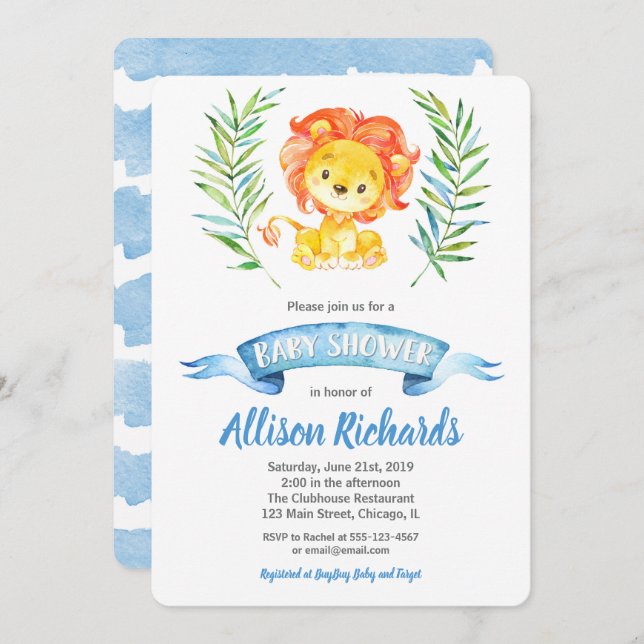 Lion Baby Dusche Einladung für Jungen Wasserfarbe (Vorne/Hinten)