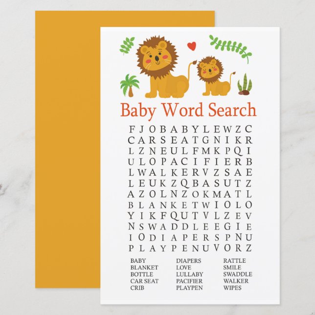 Lion Baby Shooter Word Search Game (Vorne/Hinten)