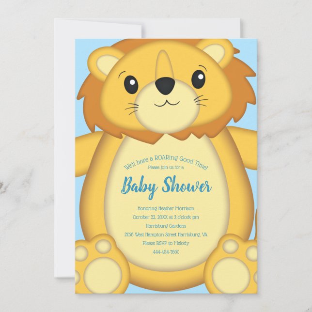 Lion Baby Shower Blue Einladung (Vorderseite)
