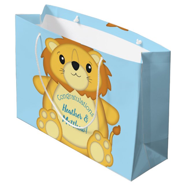 Lion Baby Shower Blue Große Geschenktüte (Rückseite Schrägansicht)