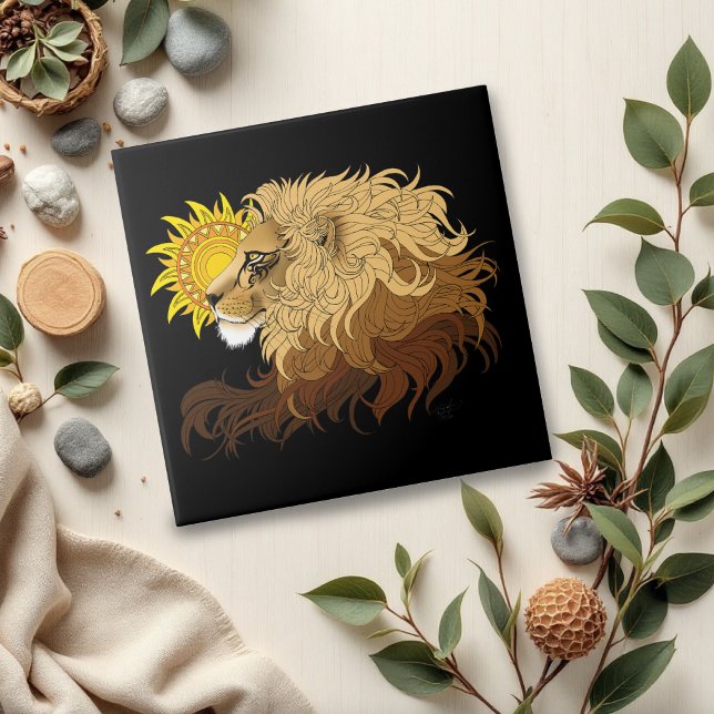 Lion Black Yellow Mandala Sun Fliese (Von Creator hochgeladen)