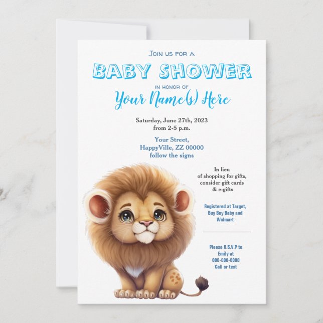 Lion Boy Baby Shower King Niedliche Einladung (Vorderseite)