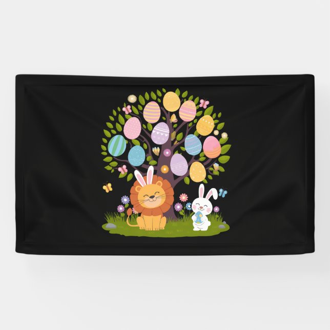 Lion Bunny Oaster Niedliche Bäume Jagd Eier Banner (Horizontal)