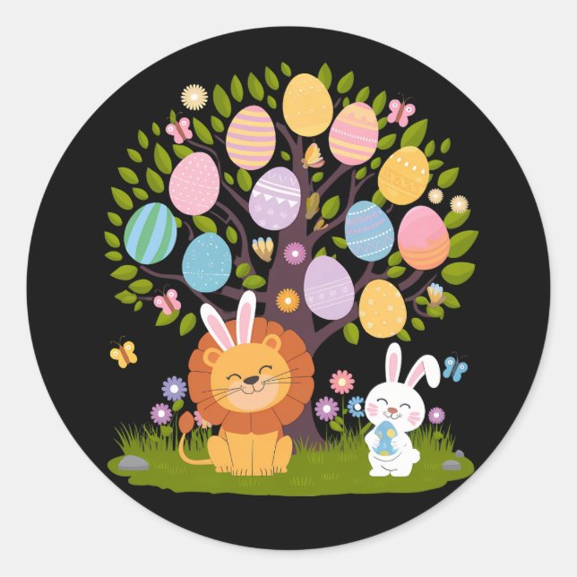 Lion Bunny Oaster Niedliche Bäume Jagd Eier Runder Aufkleber (Vorderseite)