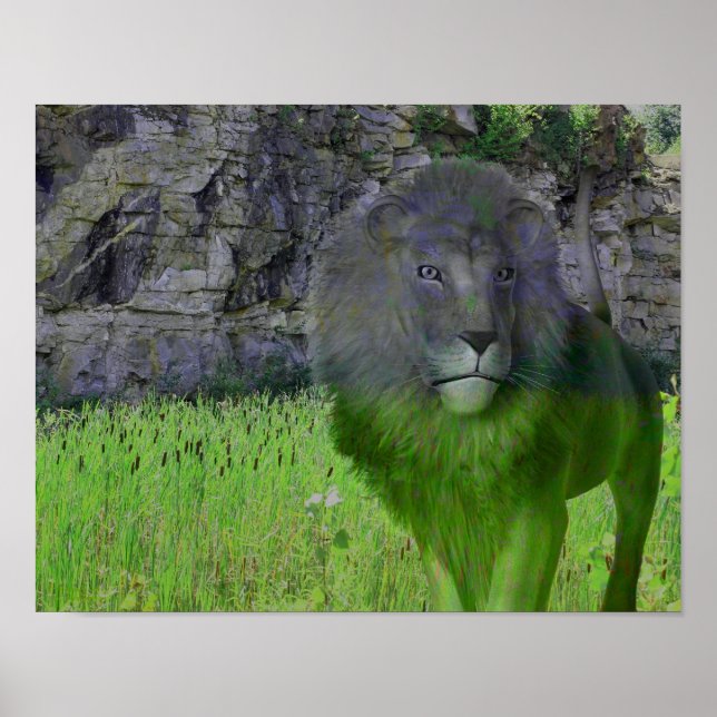 Lion Cattails Stone Wall Fantasy Art Poster (Vorne)
