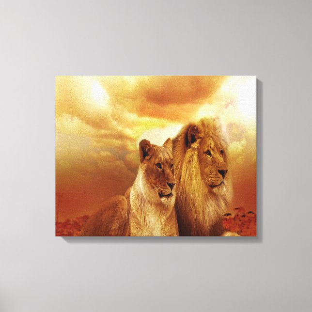 Lion Couple bei Sonnenuntergang Leinwanddruck (Vorderseite)