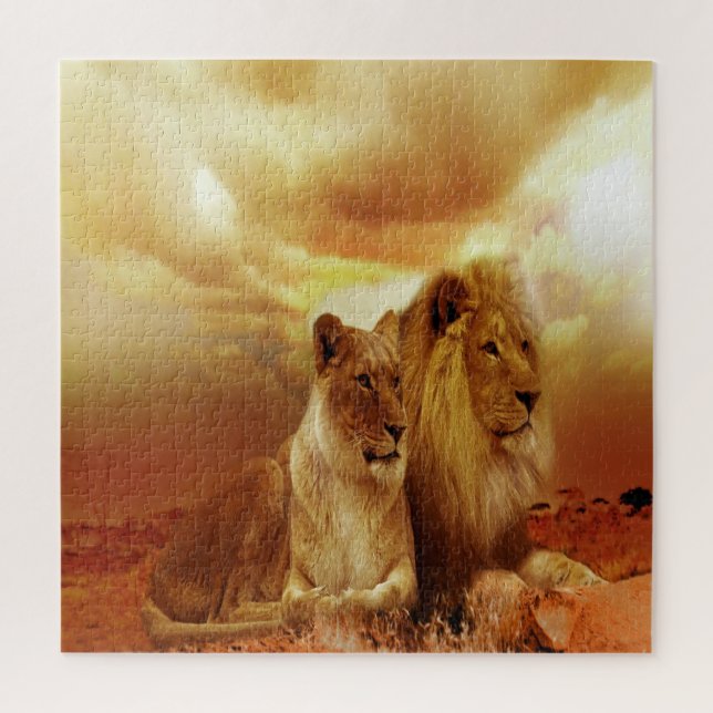 Lion Couple bei Sonnenuntergang Puzzle (Vertikal)