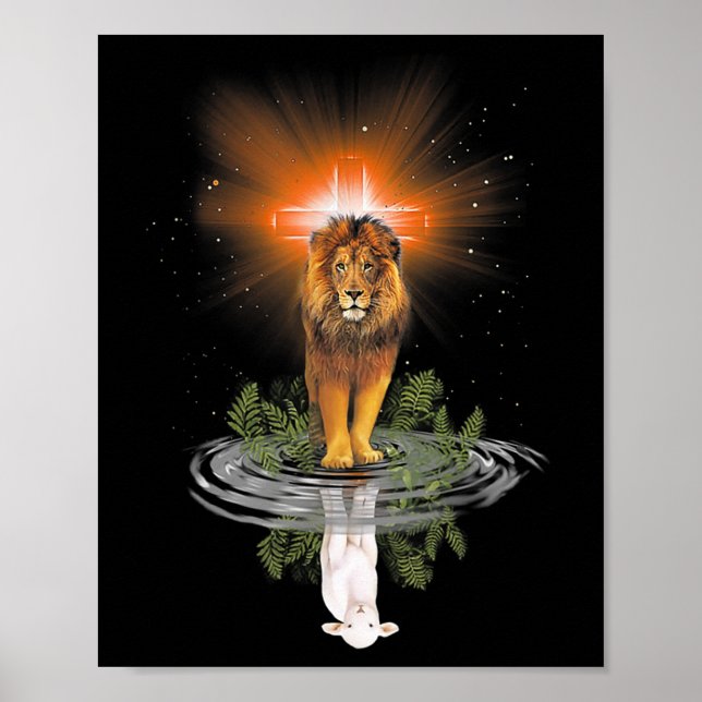 Lion Cross Jesus Reflection Water Mirror Sheep T-S Poster (Vorne)