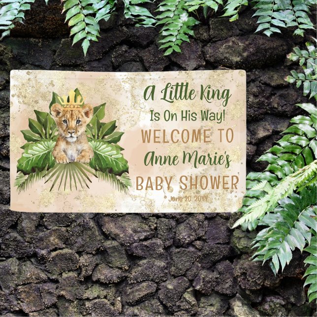 Lion Cub Ein kleiner König ist auf dem Weg zur Bab Banner ("A Little King Is On His Way!" Boy Tropical Safari Baby Shower "Welcome" Banner)