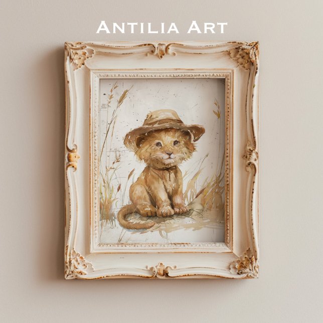 Lion Cub in Hat Whimsical Rustic Art Poster (Von Creator hochgeladen)
