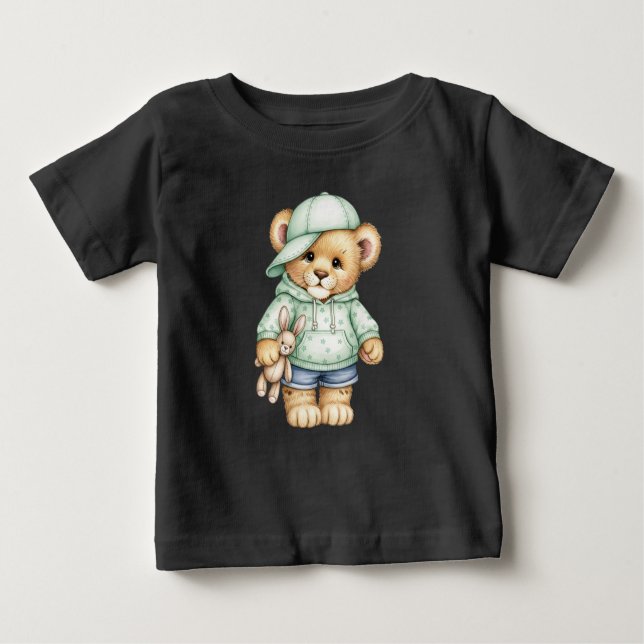 Lion cub in Hoodie und Denim Shorts von Natasha Baby T-shirt (Vorderseite)