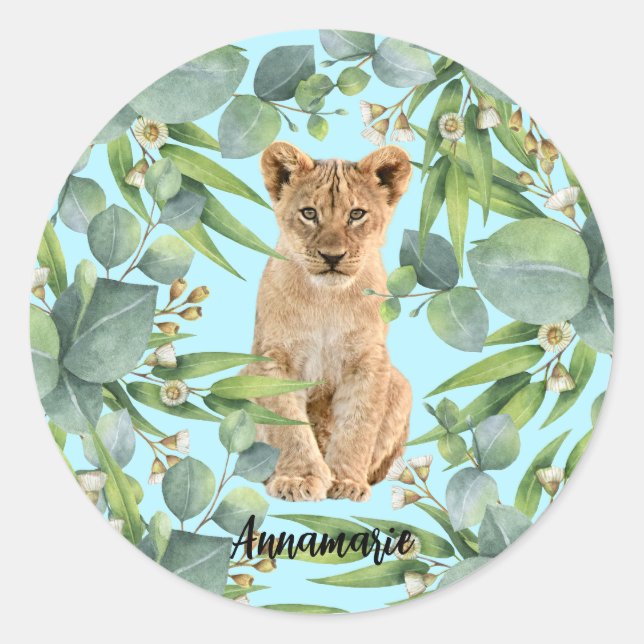Lion Cub Jungle Green Forest Niedlich Aquamarin Runder Aufkleber (Vorderseite)