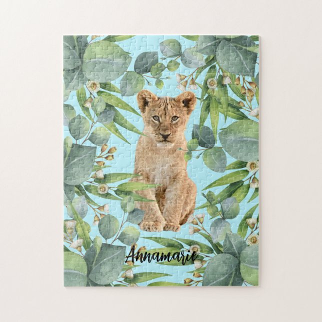 Lion Cub Niedlicher Aquamariner Dschungel Grünwald Puzzle (Vertikal)