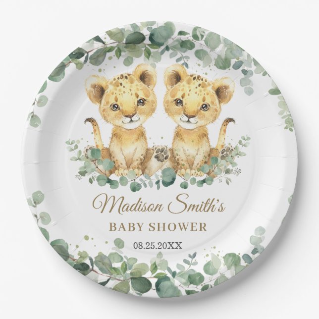 Lion Cubs Greenery Twin Boys Baby Shower  Pappteller (Vorderseite)