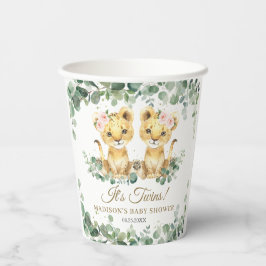 Lion Cubs Greenery Twin Girls Baby Shower  Pappbecher