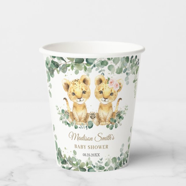 Lion Cubs Greenery Twins Girl Boy Baby Shower  Pappbecher (Vorderseite)