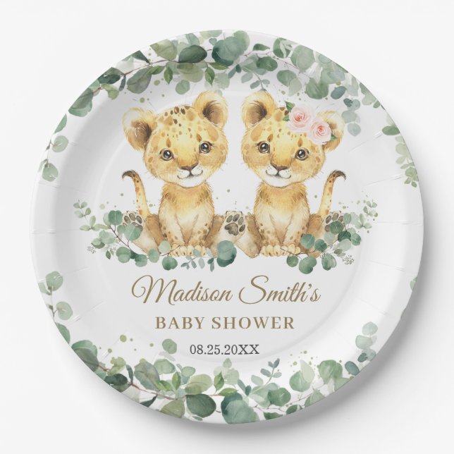 Lion Cubs Greenery Twins Girl Boy Baby Shower  Pappteller (Vorderseite)
