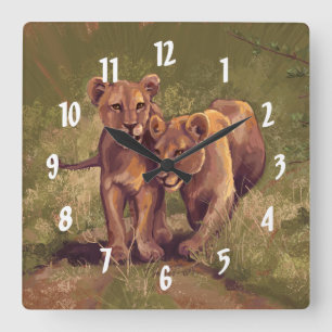 Lion Cubs Quadratische Wanduhr