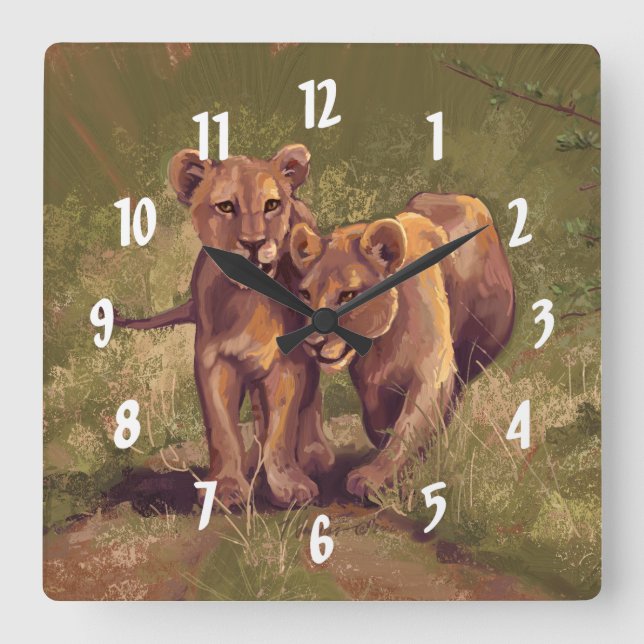 Lion Cubs Quadratische Wanduhr (Vorderseite)