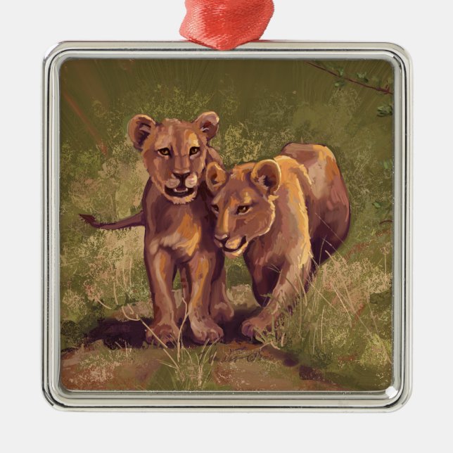 Lion Cubs Silbernes Ornament (Vorne)